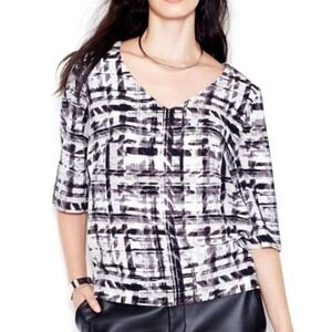 Rachel Roy Black White Abstract Print 3/4 Sleeve‎ V Neck Blouse Top Small
